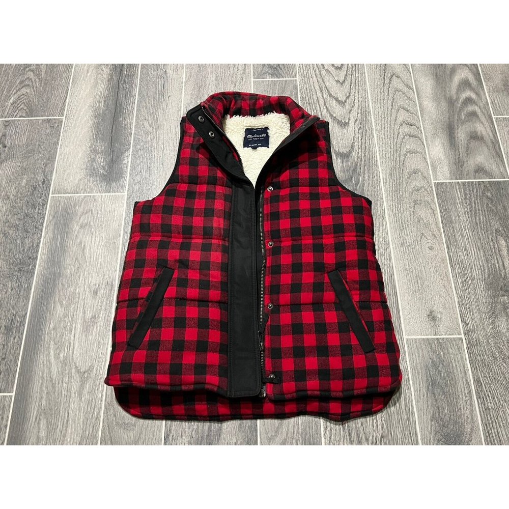 Madewell Womens XS Fireside Red Buffalo Plaid Faux Shearling Lined Vest Sherpa